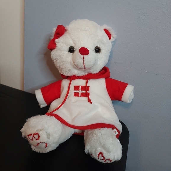 Denmark White/Red Stuffed Animal Bear 9in - Picture 2 of 6